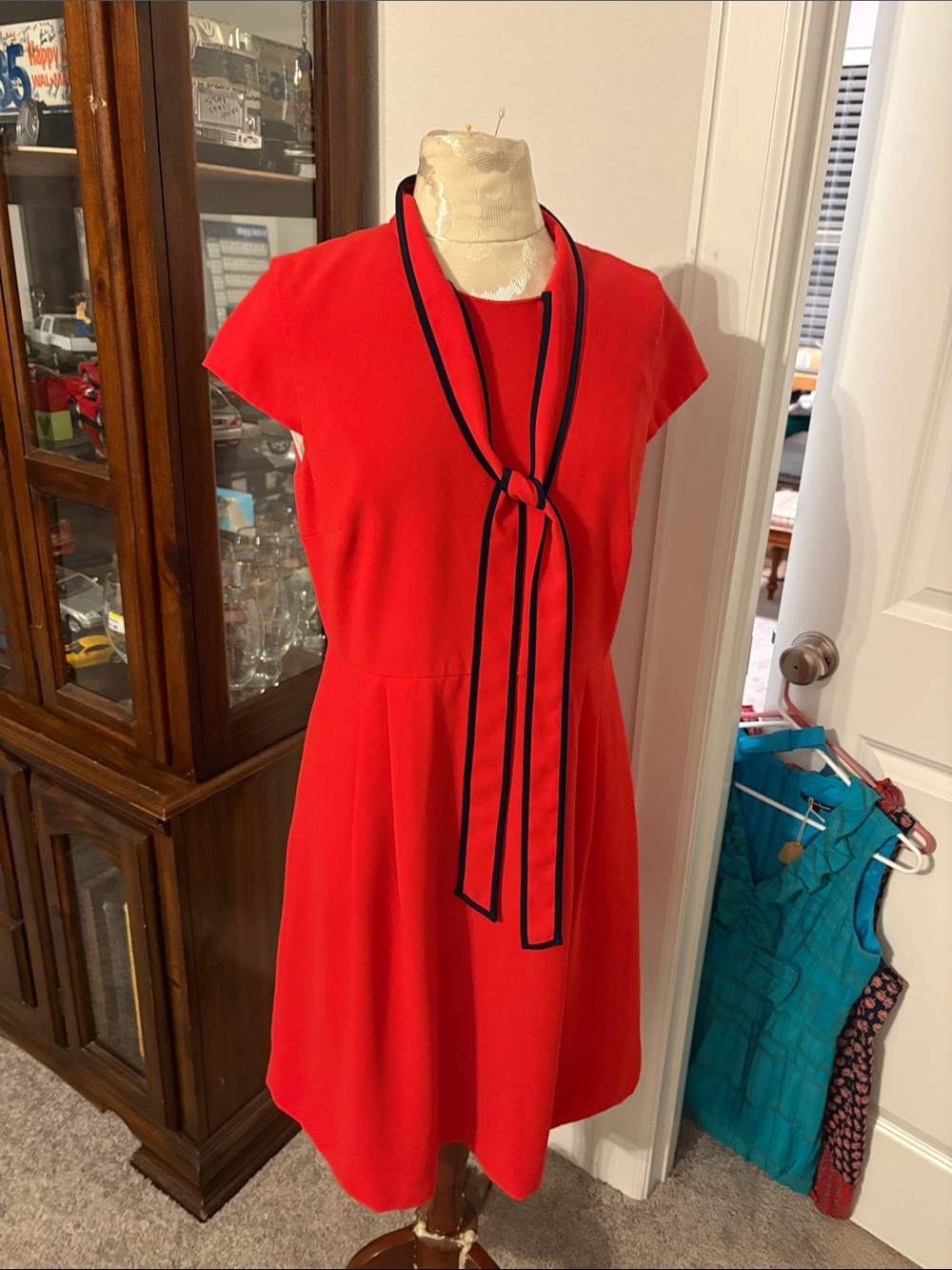 J. Crew Red Tie-Neck Midi Dress with Black Trim